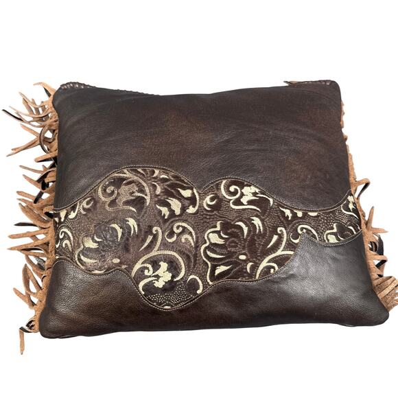 Western Brown Leather Pillow Fringe Cowhide Accent Embossed Floral Rustic Boho - Picture 1 of 16